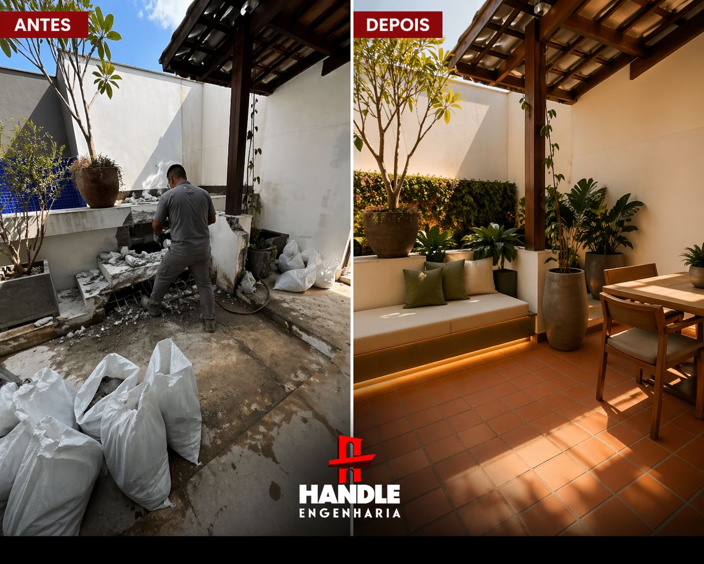 Antes e depois de area externa reformada