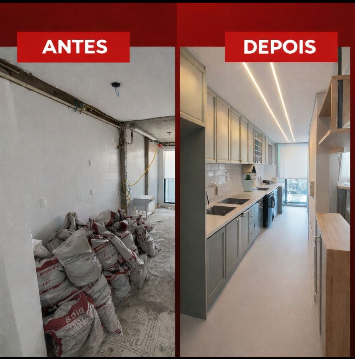 Antes e depois de cozinha linear reformada