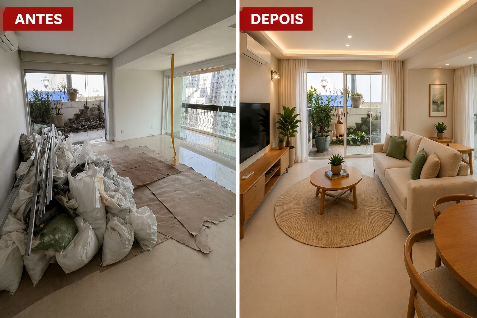 Antes e depois de sala de apartamento reformada em Sao Paulo
